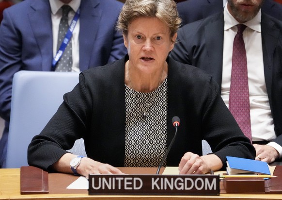 Barbara Woodward, Permanent Representative of the United Kingdom to the United Nations, speaks during a meeting of the U.N. Security Council, Monday, April 24, 2023, at United Nations headquarters. (A ...