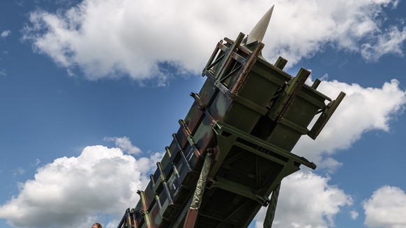 epa13020155 A Patriot anti-aircraft missile system is on display during the German Armed Forces Day at the Laage Air Base, located within the Rostock-Laage Airport area, Germany, 06 June 2026. EPA/FIL ...