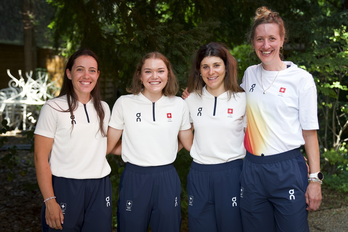 Switzerland's cyclists, from left to right, Linda Zanetti, Noemi Rueegg, Elise Chabbey and Elena Hartmann, pose at the Maison Suisse during a press conference at the 2024 Paris Summer Olympics in ...