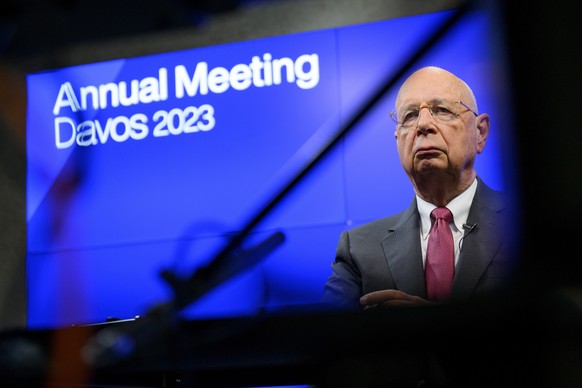 epa10398107 Klaus Schwab, Founder and Executive Chairman of the World Economic Forum (WEF), practices his speech before a virtual media briefing, in Cologny, near Geneva, Switzerland, 10 January 2023. ...