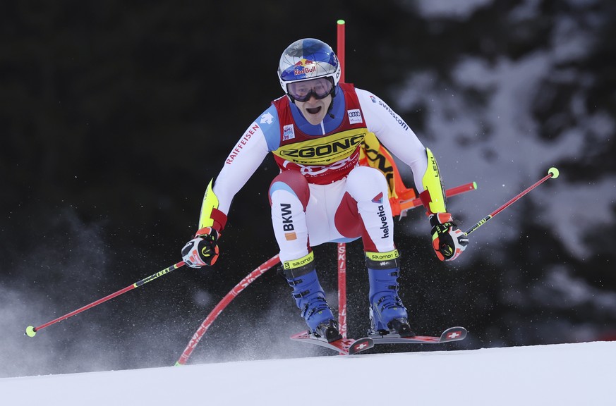 Switzerland&#039;s Marco Odermatt competes during an alpine ski, men&#039;s World Cup giant slalom race in Alta Badia, Italy, Monday, Dec. 20, 2021. (AP Photo/Alessandro Trovati)