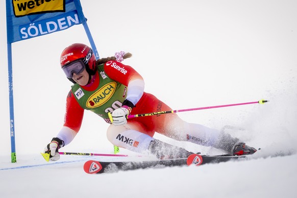 Melanie Meillard of Switzerland in action during the first run of the Women&#039;s Giant Slalom race of the FIS Alpine Skiing World Cup season opener on the Rettenbach glacier, in Soelden, Austria, Sa ...