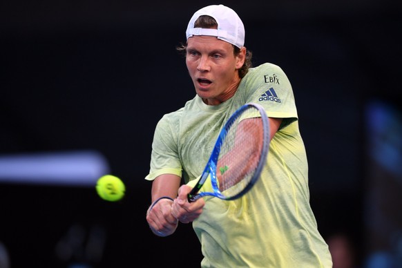 epa06442531 Tomas Berdych of the Czech Republic in action during his first round match against Alex de Minaur of Australia at the Australian Open tennis tournament, in Melbourne, Victoria, Australia,  ...