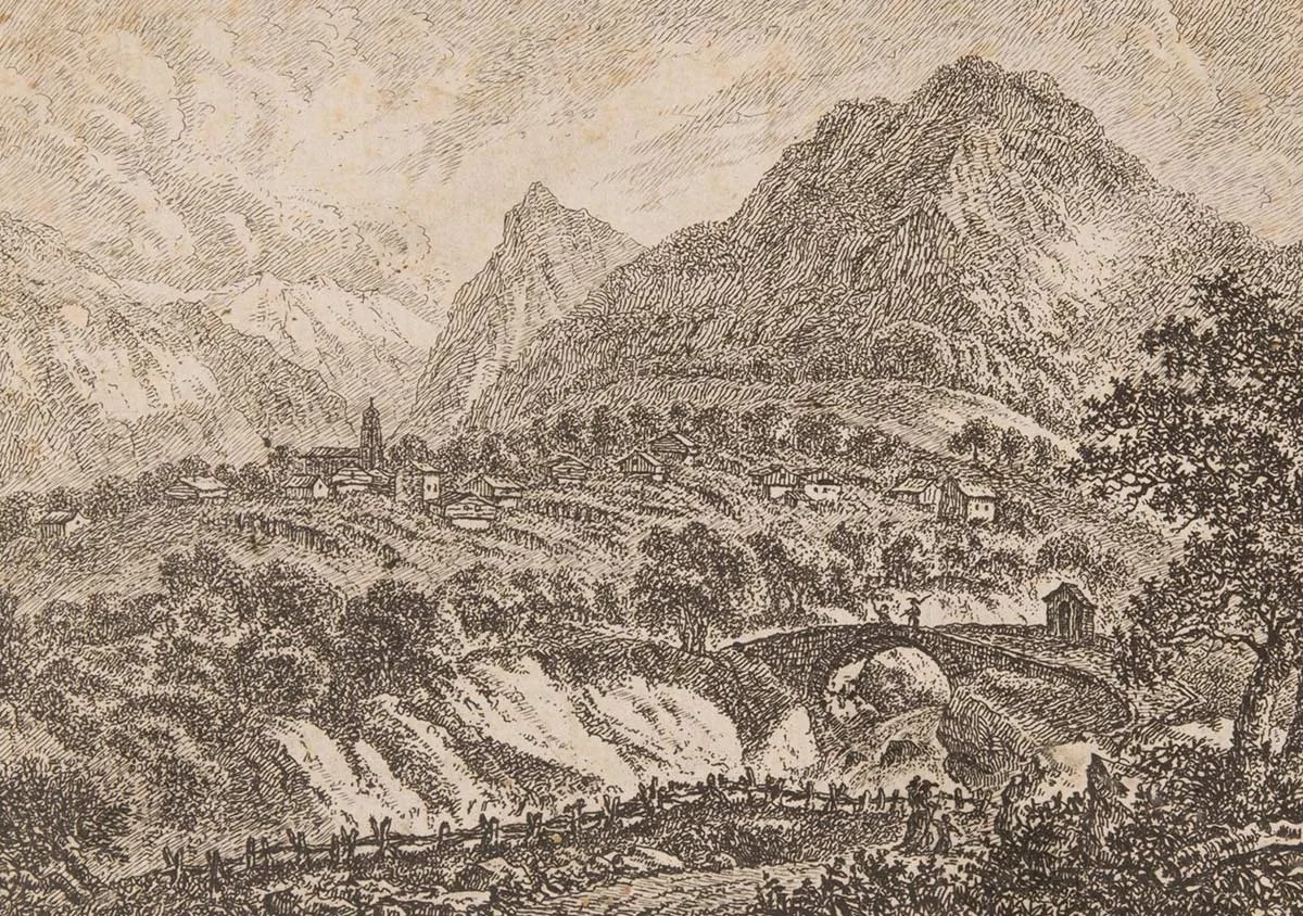 Kupferstich des Dorfs Dongio, nach einer Zeichnung von Ludwig Hess, um 1817.
https://permalink.nationalmuseum.ch/100292503