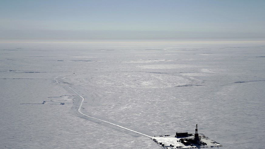 FILE - This 2019 aerial photo provided by ConocoPhillips shows an exploratory drilling camp at the proposed site of the Willow oil project on Alaska&#039;s North Slope. The Biden administration?s appr ...