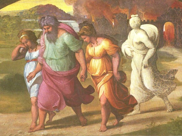 Die Flucht Lots und seiner Töchter aus Sodom auf einem Werk Raffaels. Lots Frau ist bereits zur Salzsäule geworden.