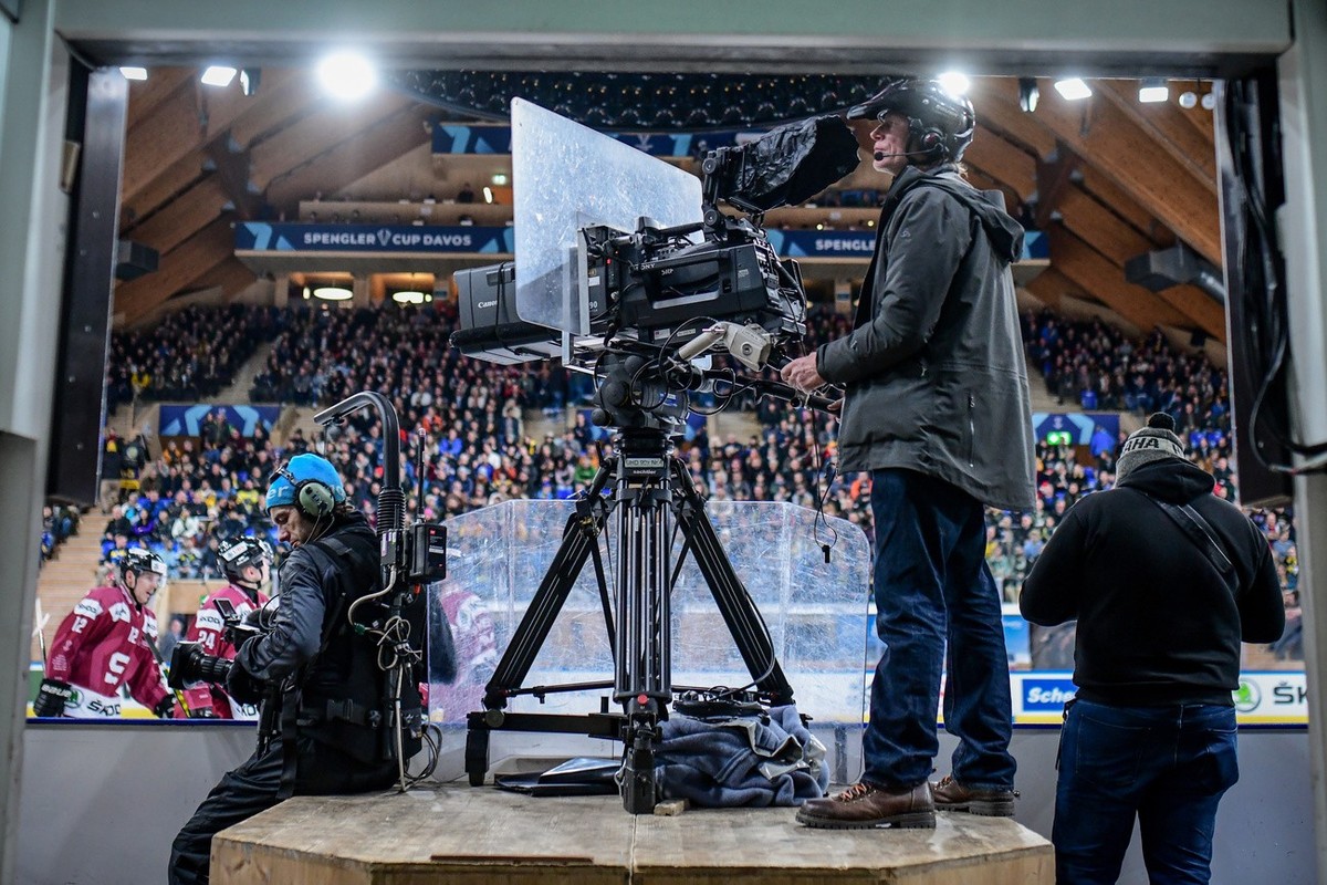 TV camera during the game between Czech Republic's HC Sparta Praha and Switzerland's HC Davos, at the 94th Spengler Cup ice hockey tournament in Davos, Switzerland, Wednesday, December 28, 2 ...