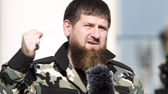 Ramzan Kadyrov, leader of the Russian province of Chechnya gestures speaking to about 10,000 troops in Chechnya&#039;s regional capital of Grozny, Russia, Tuesday, March 29, 2022. (AP Photo)