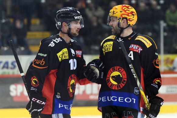 Berns Tristan Scherwey, links, und Berns Top Scorer Andrew Ebbett, rechts, sprechen, im ersten Eishockey Playoff-Halbfinalspiel der National League zwischen dem SC Bern und dem ZSC Lions, am Dienstag, ...