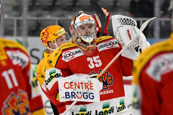 Biels Goalie Harri Saeteri, beim Eishockey-Qualifikationsspiel der National League zwischen dem EHC Biel und den SCL Tigers, am Sonntag, 28. Januar 2024, in der Tissot Arena in Biel. (KEYSTONE/Marcel  ...