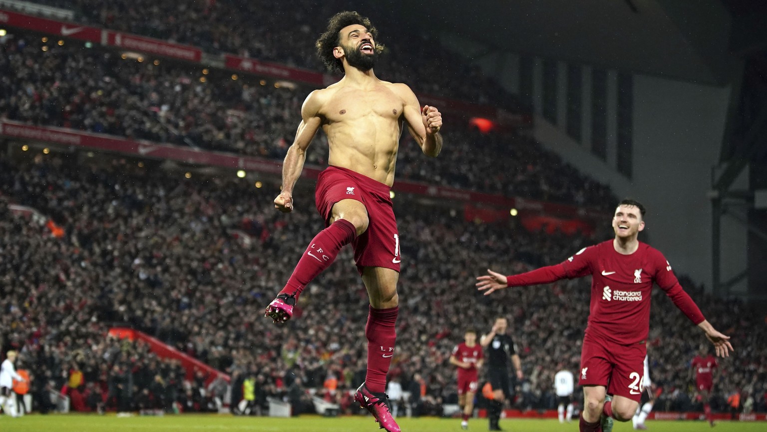 Liverpool&#039;s Mohamed Salah celebrates after scoring his side&#039;s sixth goal during the English Premier League soccer match between Liverpool and Manchester United at Anfield in Liverpool, Engla ...