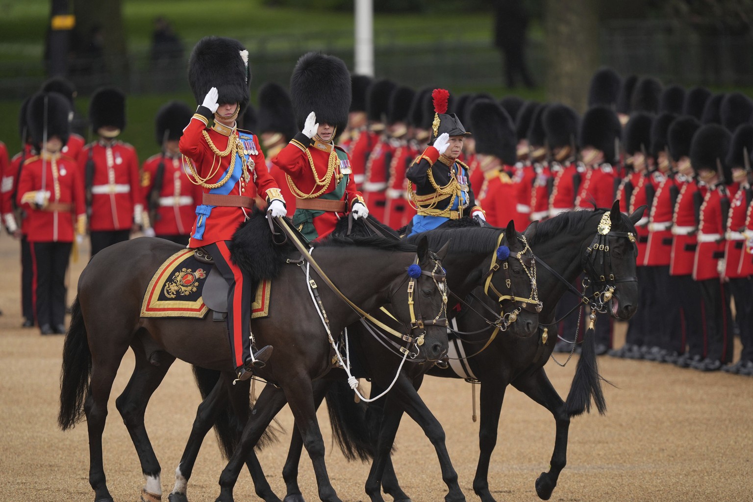 Britain&#039;s Prince William, left, Prince Edward and Princess Anne during the Trooping the Color ceremony at Horse Guards Parade, London, Saturday, June 15, 2024. Trooping the Color is the King&#039 ...
