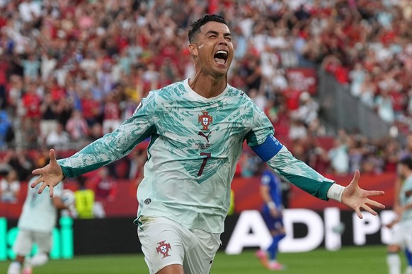 Portugal's Cristiano Ronaldo (7) celebrates after scoring their opening goal during the World Cup round of 32 soccer match between Portugal and Croatia in Toronto, Thursday, July 2, 2026. (AP Pho ...