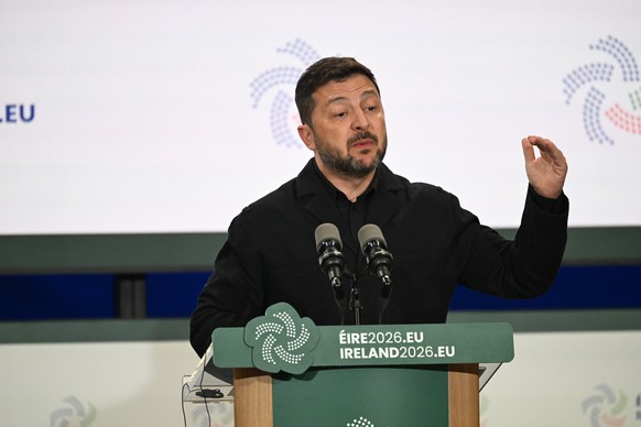 epa13078437 Ukrainian President Volodymyr Zelensky gestures during a press conference following the launch event for Ireland's Presidency of the Council of the European Union in Dublin Castle in  ...