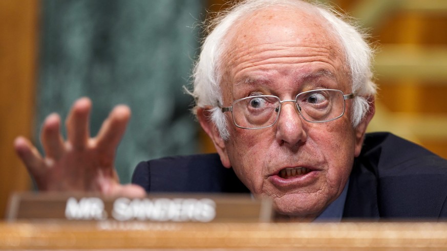 epa09255442 Senate Budget Committee Chairman Bernie Sanders (I-Vt.) gives an opening statement during a hearing to discuss President Biden&#039;s budget request for FY 2022, at the US Capitol in Washi ...