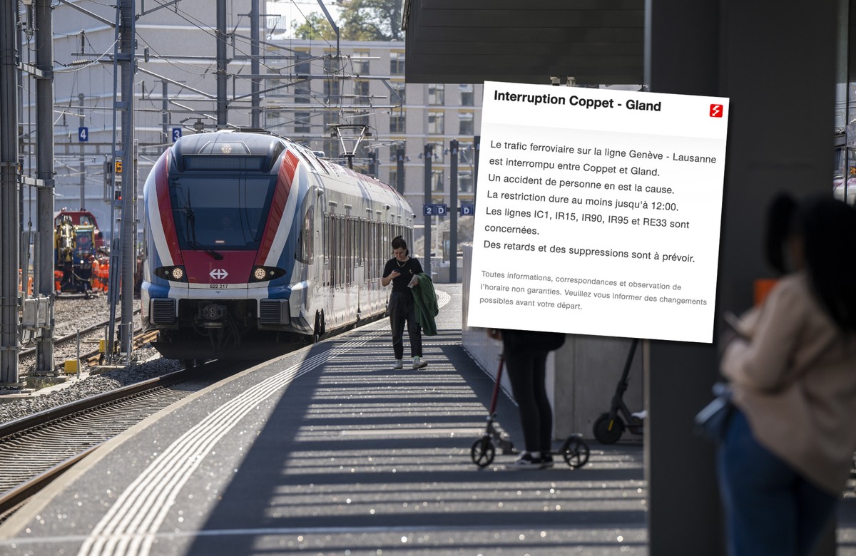 Train Genève Lausanne.png Le trafic ferroviaire sur la ligne Genève - Lausanne est interrompu entre Coppet et Gland.
Un accident de personne en est la cause.
La restriction dure au moins jusqu'à  ...