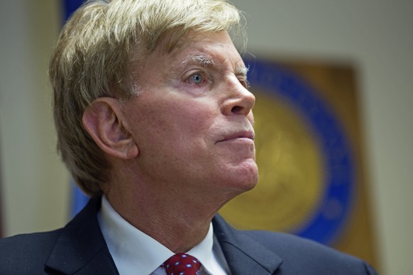 Former Ku Klux Klan leader David Duke talks to the media at the Louisiana Secretary of State&#039;s office in Baton Rouge, La., on Friday, March 22, 2016, after registering to run for the U.S. Senate, ...