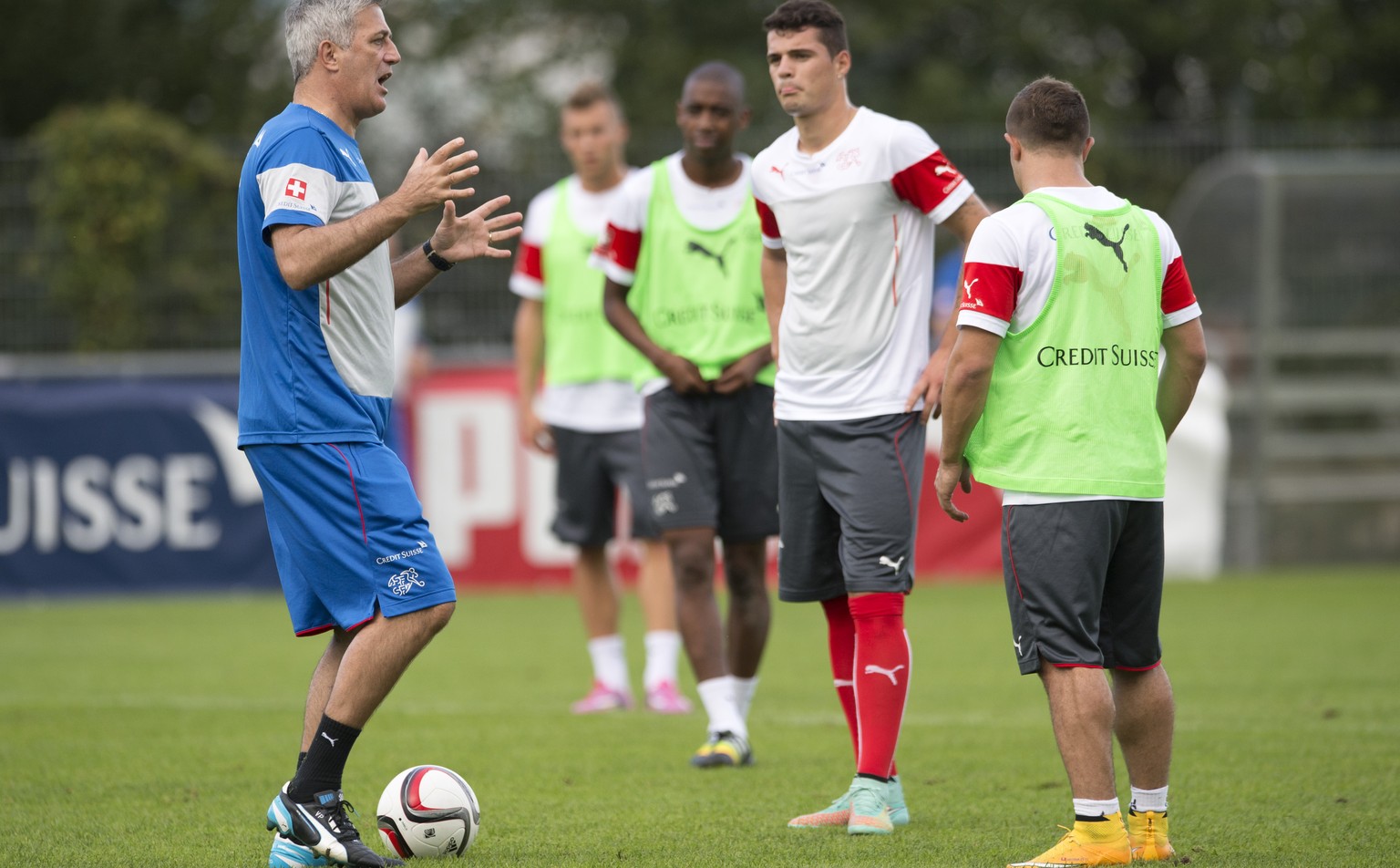 Vladimir Petkovic erzählt seinen Jungs, wie man San Marino knacken kann.&nbsp;