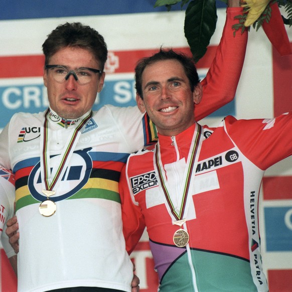 ARCHIVBILD ZUM SDA-TEXT UEBER ALEX ZUELLE AN DER RAD WM 1996, AM DONNERSTAG, 7. OKTOBER 2020 - Winners podium of the men's time trial at the World Road Cycling championships in Lugano, October 10, 199 ...