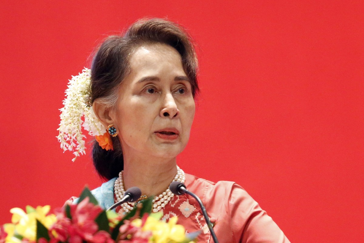 epa11283563 (FILE) - Myanmar State Counselor Aung San Suu Kyi speaks during the opening ceremony of Invest Myanmar Summit 2019 at the Myanmar International Convention Centre (MICC) in Naypyitaw, Myanm ...