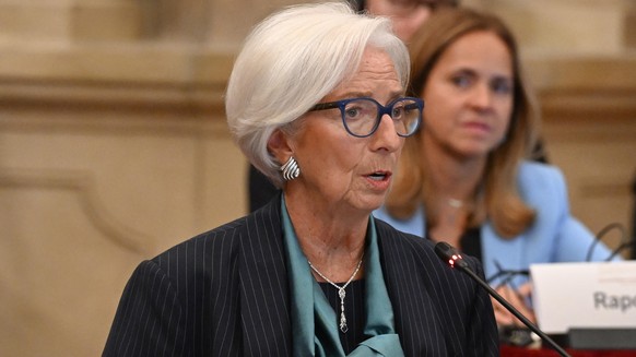 epa12491589 European Central Bank President Christine Lagarde speaks during the monetary policy meeting of the Governing Council of the European Central Bank (ECB) at Palazzo Corsini in Florence, Ital ...