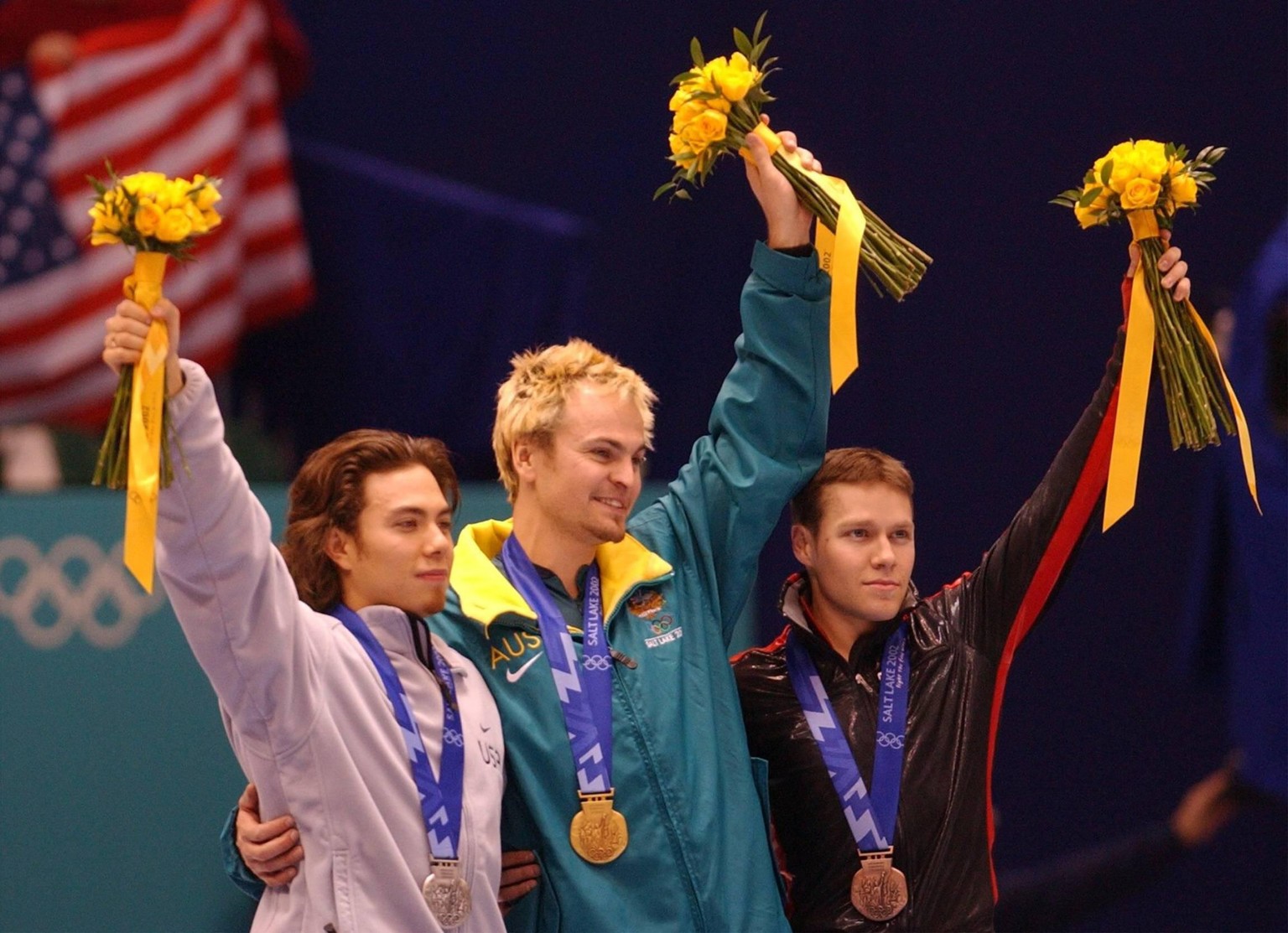 Feb. 17, 2002 - U.S. - KRT SPORTS STORY SLUGGED: OLY-SHORTTRACK KRT PHOTOGRAPH BY VICKI VALERIO/PHILADELPHIA INQUIRER (February 16) SALT LAKE CITY, UT - Apolo Anton Ohno, left, of the U.S., Steve Brad ...