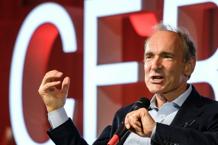 FILE - In this March 12, 2019, file photo, English computer scientist Tim Berners-Lee, best known as the inventor of the World Wide Web, delivers a speech during an event at the CERN in Meyrin near Ge ...