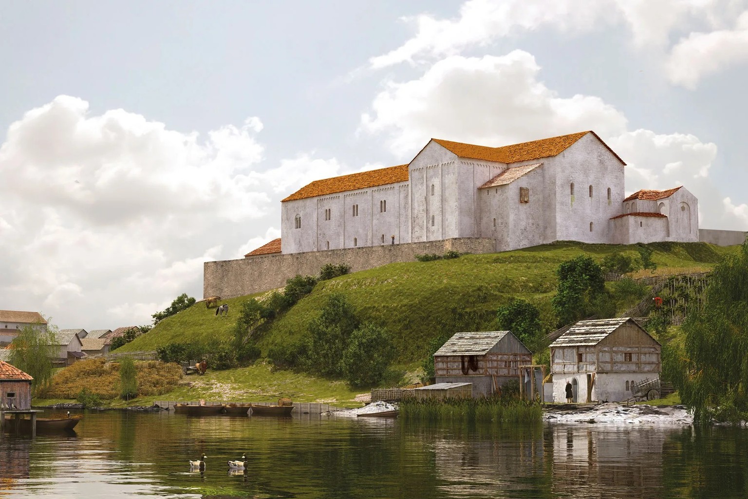 Auf die Karolinger folgten die Ottonen, die in Zürich einen Neubau errichten liessen. Im Jahr der Verlobung Heinrichs IV. mit Bertha von Savoyen erhob sich ein zweigeschossiger Monumentalbau auf dem L ...