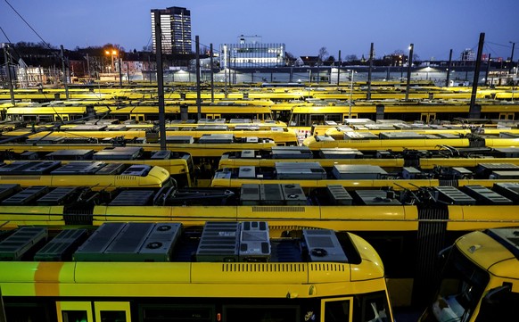 epa12780672 Trams parked on the grounds of a Ruhrbahn transport company service during a nationwide strike of the public transport sector in Essen, Germany, 27 February 2026. The United Services Union ...