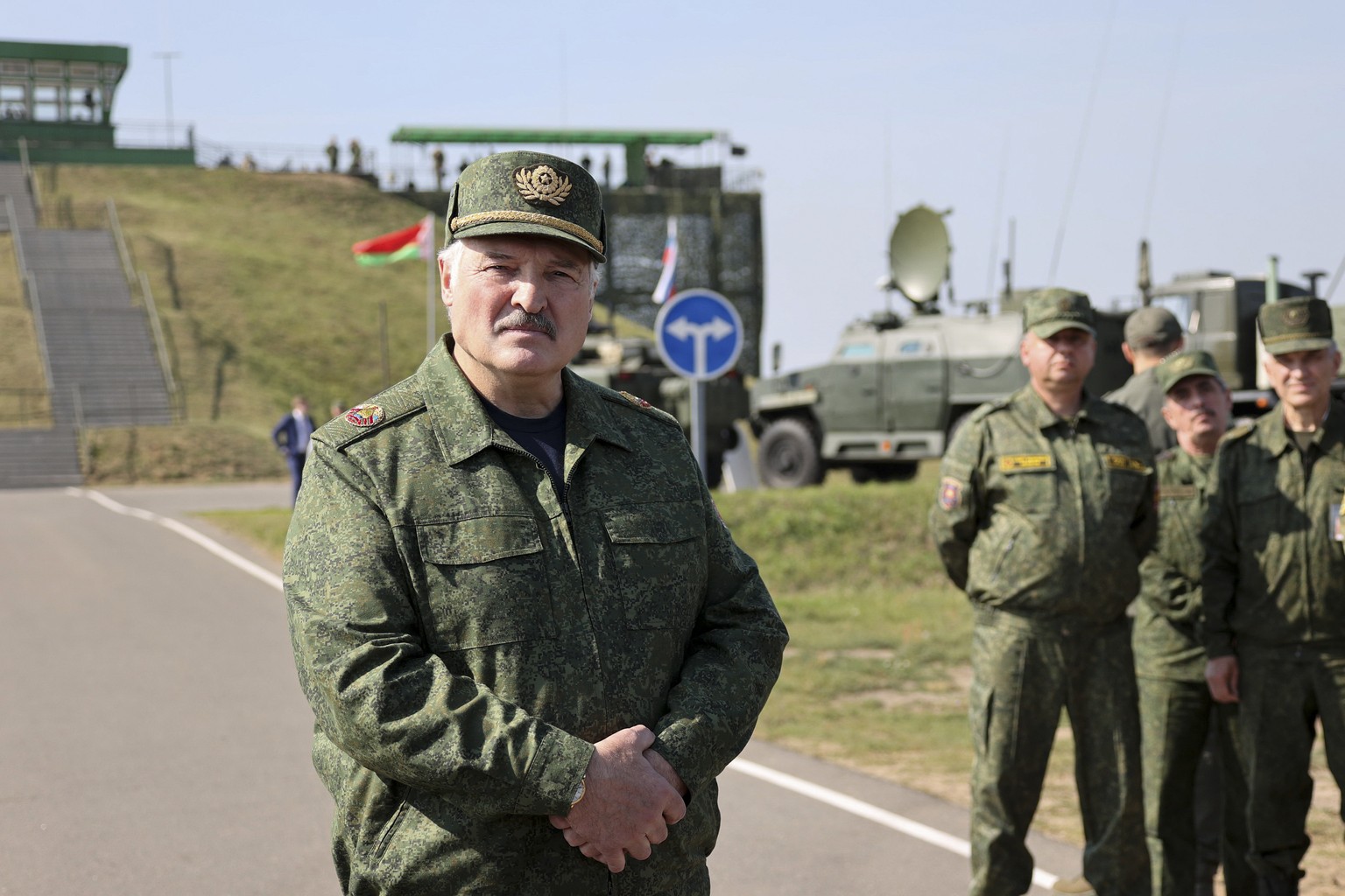 Belarusian President Alexander Lukashenko attends the joint strategic exercise of the armed forces of the Russian Federation and the Republic of Belarus Zapad-2021 at the Obuz-Lesnovsky training groun ...