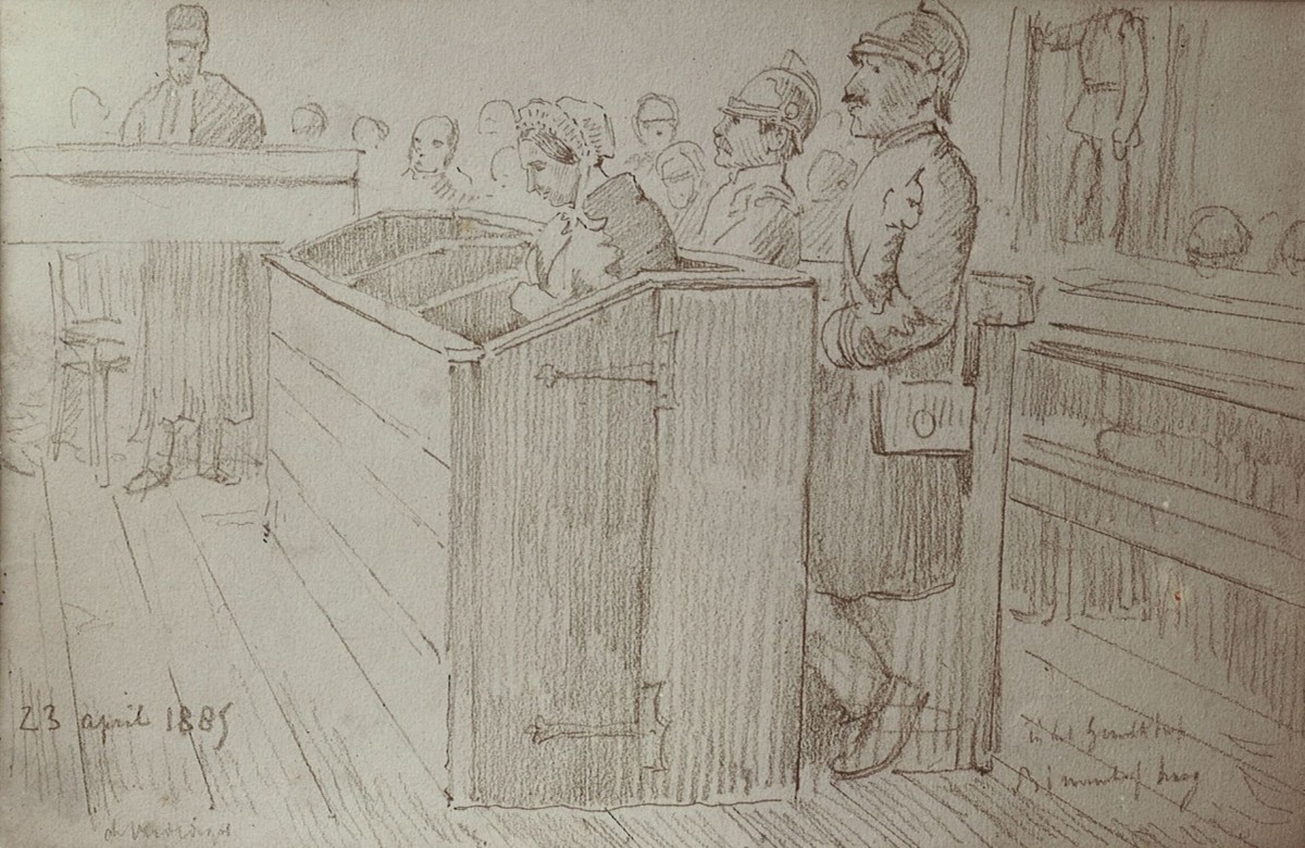 Maria Catharina Swanenburg (Goeie Mie), Giftmischerin von Leiden, gezeichnet von Victor de Stuers bei ihrem Prozess
https://www.nationaalarchief.nl/beleven/nieuws/unieke-tekeningen-van-gifmengster-goe ...