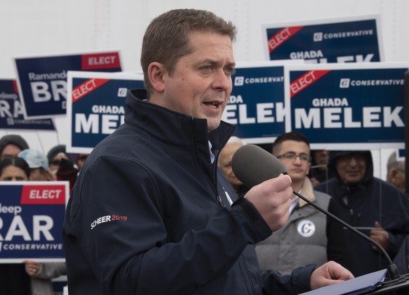 Conservative leader Andrew Scheer speaks during a campaign stop in Brampton, Ontario, Thursday, Oct. 17, 2019. (Adrian Wyld/The Canadian Press via AP)