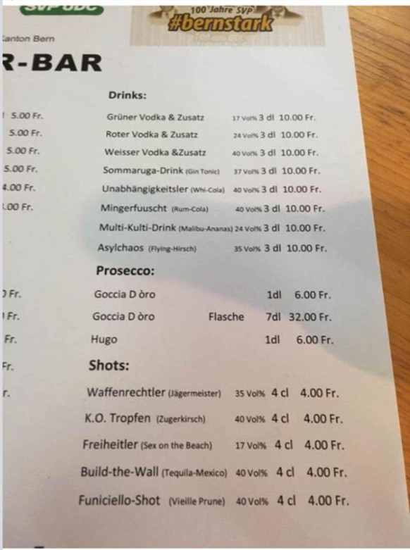 Die Getränkeliste an der Minger-Bar.