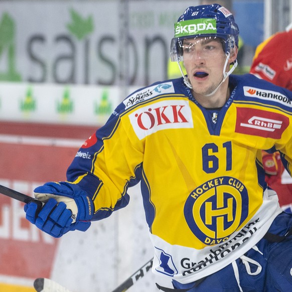 Davos-Spieler, Fabrice Herzog, waehrend einem Vorbereitungsspiel der National League, zwischen dem EHC Biel und dem HC Davos, am Mittwoch 23. September 2020 in der Tissot Arena in Biel. (KEYSTONE /Mar ...