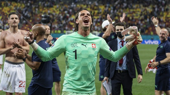 Switzerland&#039;s goalkeeper Yann Sommer celebrates after winning the Euro 2020 soccer tournament round of 16 match between France and Switzerland at the National Arena stadium, in Bucharest, Romania ...