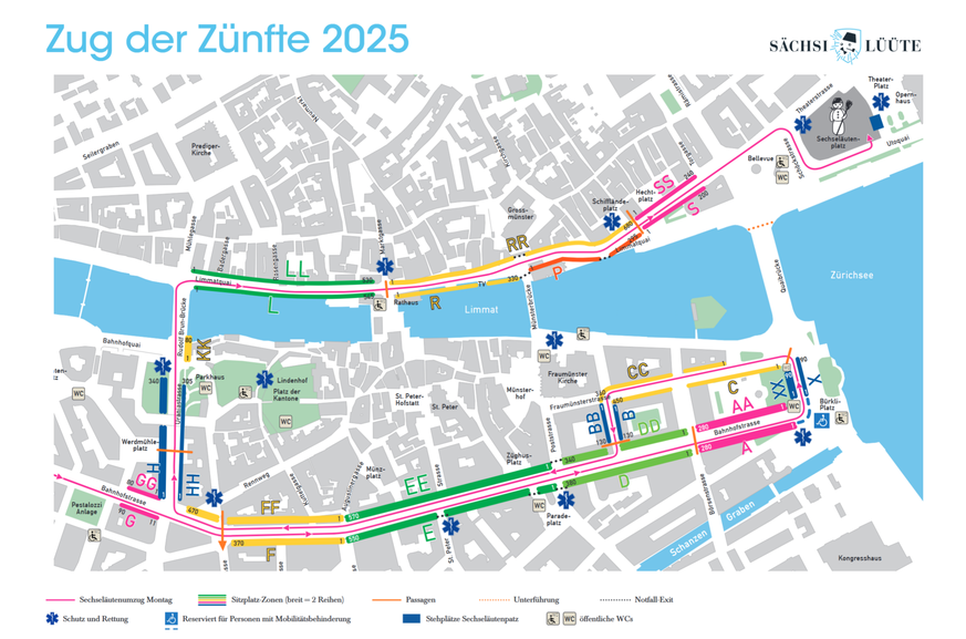 Routenplan der Zug der Zünfte zum Feuer
Rund 3´500 Zünfter in ihren farbenfrohen Kostümen, Trachten und Uniformen, über 350 Reiter, rund 50 ausschliesslich von Pferden gezogene Wagen und gegen 30 Musi ...