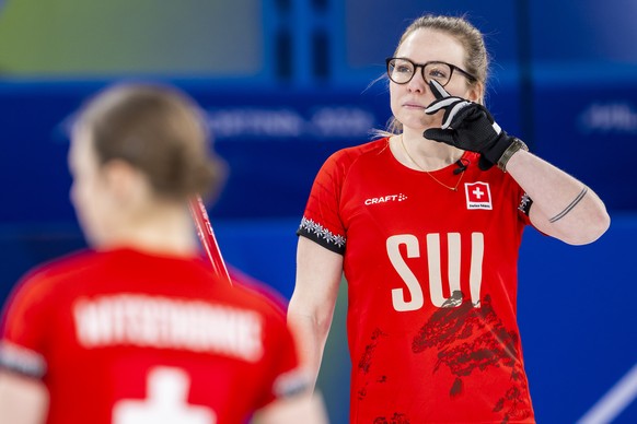 Alina Paetz of Switzerland reacts during the women's curling gold medal game between Switzerland and Sweden at the 2026 Olympic Winter Games in Cortina d'Ampezzo, Italy, on Sunday, February  ...