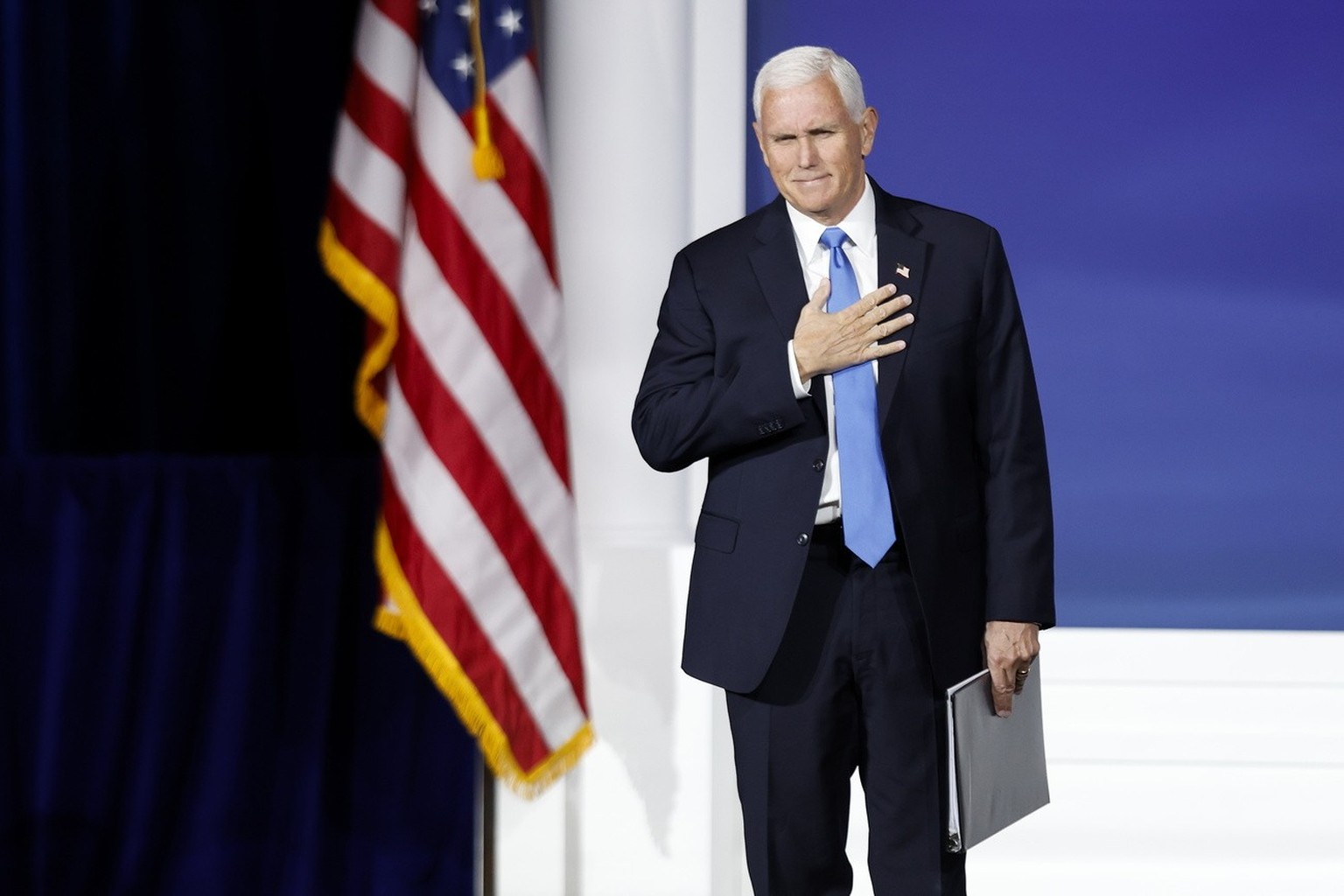 epa10945784 Republican candidate for President, former Vice President Mike Pence announces the end of his bid for US president during the 2023 Republican Jewish Coalition Annual Leadership Meeting at  ...