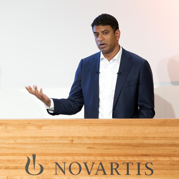 Vas Narasimhan, new CEO of Swiss pharmaceutical group Novartis, speaks during the annual results media conference at the Novartis Campus in Basel, Switzerland, on Wednesday, January 24, 2018. (KEYSTON ...