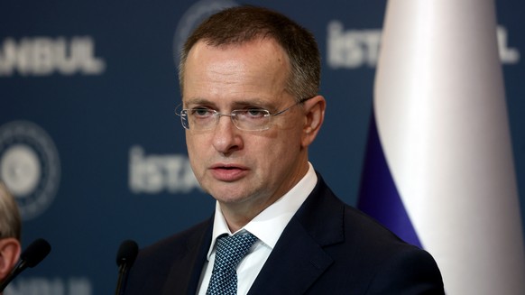 epa12256759 Russian Presidential Aide and head of the delegation Vladimir Medinsky addresses the media during a press conference following a new round of peace talks between Russia and Ukraine, in Ist ...