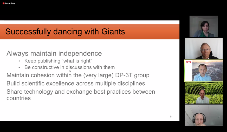 Screenshot aus einer Videokonferenz mit DP-3T-Vertretern. Edouard Bugnion (Mitte) erzählte von den Herausforderungen im Umgang mit den mächtigen Techkonzernen.