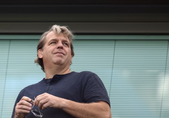 FILE - Chelsea owner Todd Boehly looks out from the stands before the English Premier League soccer match between Chelsea and Leicester City at Stamford Bridge Stadium in London, Saturday, Aug. 27, 20 ...