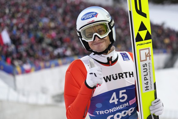 Gregor Deschwanden, of Switzerland, reacts after his second round jump of the ski jumping men&#039;s large hill individual competition at the Nordic World Ski Championships in Trondheim, Norway, Satur ...