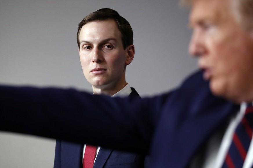 FILE - In this April 2, 2020, file photo, White House adviser Jared Kushner listens as President Donald Trump speaks during a White House press briefing in Washington. Jersey City has reached an agree ...