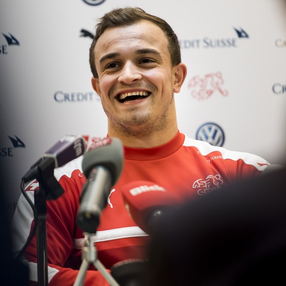 Swiss forward Xherdan Shaqiri, speaks during a press conference before a training session of the Switzerland soccer national team, at Juan-Antonio Samaranch stadium, in Lausanne, Switzerland, Wednesda ...