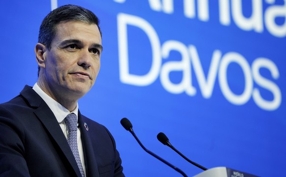 Spain&#039;s Prime Minister Pedro Sanchez speaks at the World Economic Forum in Davos, Switzerland Tuesday, Jan. 17, 2023. The annual meeting of the World Economic Forum is taking place in Davos from  ...