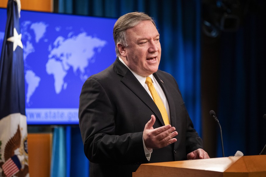 epa07336159 US Secretary of State Mike Pompeo announces the US withdrawal from the Intermediate-Range Nuclear Forces (INF) Treaty at the State Department in Washington, DC, USA, 01 February 2019. The  ...