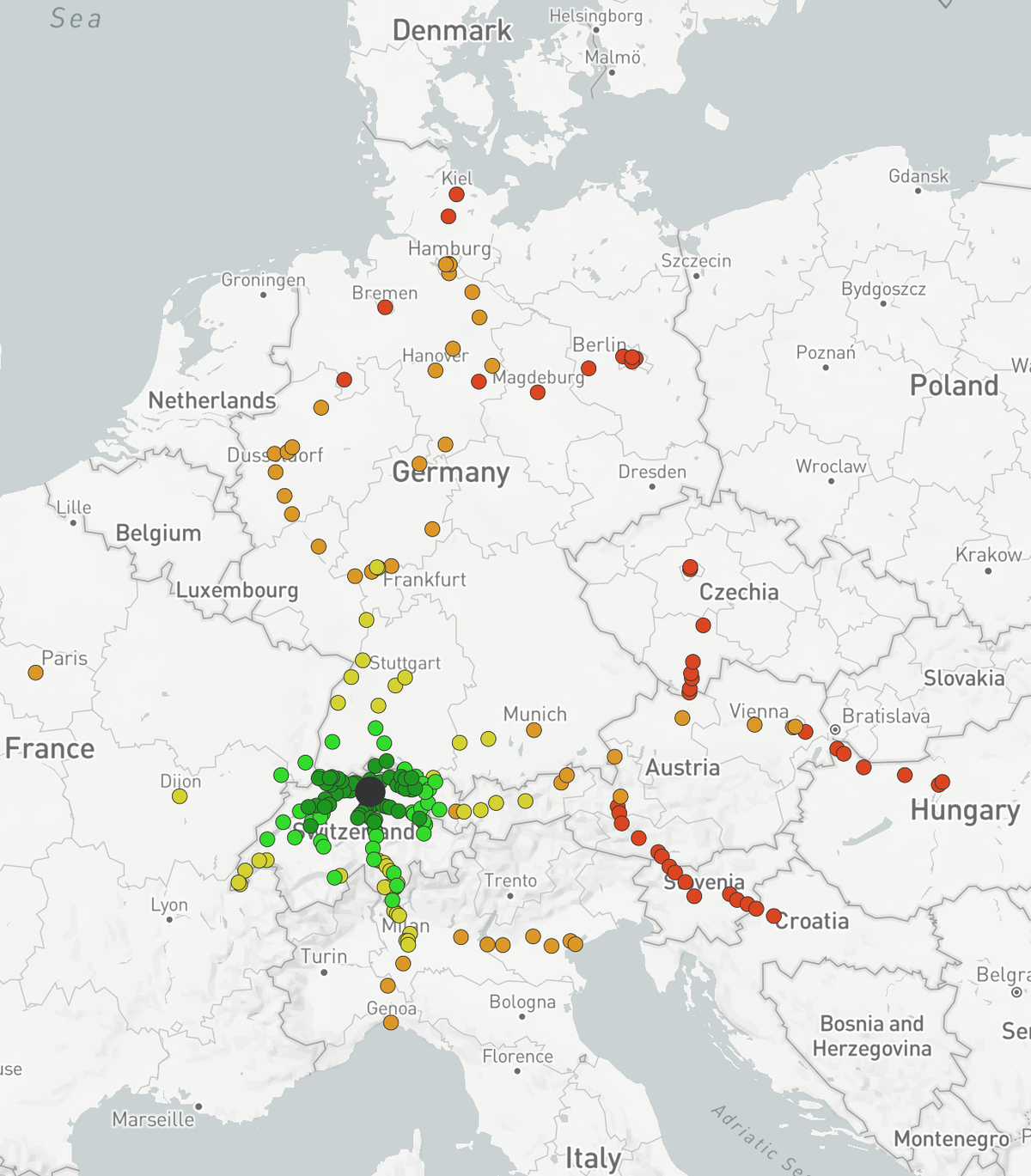 Screenshot direkte Zugverbindungen von Schweizer Bahnhöfen