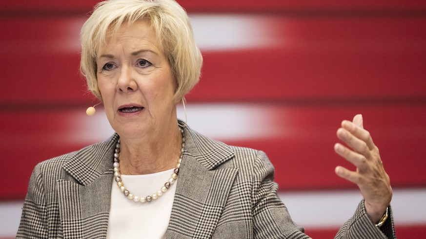 Verwaltungsratspraesidentin Monika Ribar spricht an der Jahresmedienkonferenz der SBB, am Montag, 11. Maerz 2024 am Hauptsitz der SBB in Bern. (KEYSTONE/Alessandro della Valle)