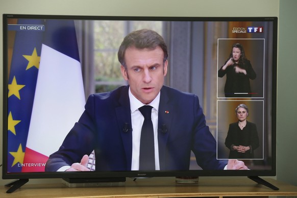 French President Emmanuel Macron is pictured on national television in Saint-Pee sur Nivelle, south-western France, Wednesday, March 22, 2023. French President Emmanuel Macron appeared on national tel ...
